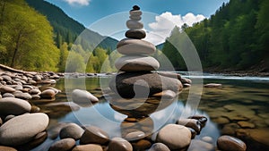 stones on the river A zen meditation landscape with calm and spiritual nature environment. The river is clear and flowing