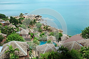 Stones, sand, sea, coconut palms, island, Thailand, top view, bl