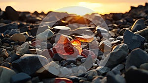 Stones And Sea Glass: A Realistic Depiction Of Sunset On The Beach