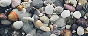 Stones and seashells background, panorama