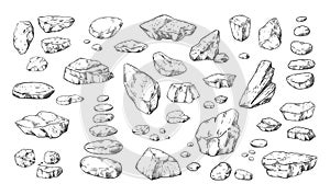 Stones sketch. Hand drawn pebble and boulders in piles. Outline doodle rock structure. Natural material. Cobblestone shapes.