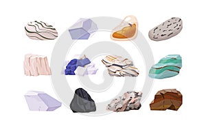 Stones, small rocks set. Smooth and rough minerals, gems of different shapes. Skarn, amber, gypsum, marble, calcite