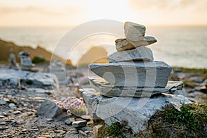 Stones stacks at Malin Head, Ireland\'s northernmost point, Wild Atlantic Way, spectacular coastal route.