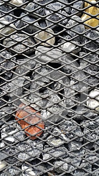 Stones in the steel cage, decorated the wall.