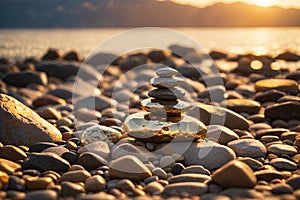 stones in zen near ocean sun set closeup. ai generative