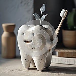 Stoneware cartoon tooth holding a toothbrush