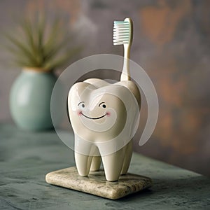 Stoneware cartoon tooth holding a toothbrush