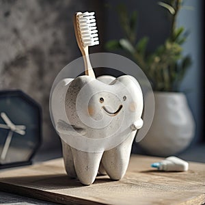 Stoneware cartoon tooth holding a toothbrush