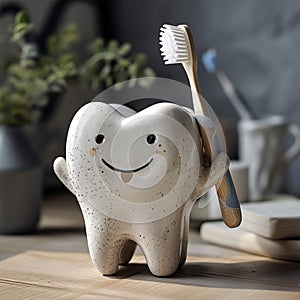 Stoneware cartoon tooth holding a toothbrush