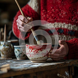 Stoneware teacher holding brush and coloring the items