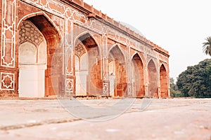 Stonework architecture of walls and doorways of Humayan`s Tomb in New Delhi India