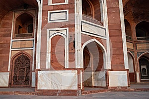 Stonework architecture of walls and doorways of Humayan`s Tomb in New Delhi India