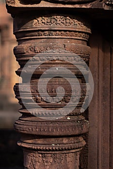 Stonework Detail at Ancient Banteay Srei Temple, Cambodia