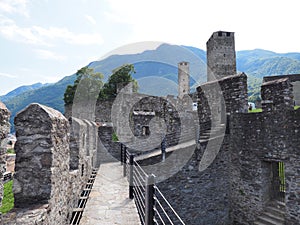 Stony flanking of castle in Bellinzona city in Switzerland