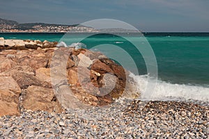 Stony and pebble coast and gulf. Nice, France