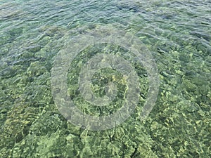 Stony seabed on sunny day through the clear water of the Mediterranean Sea