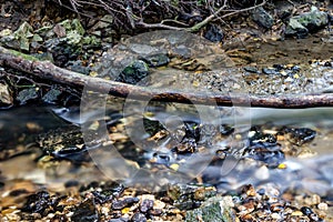 A stony streambed, a stream of clear water
