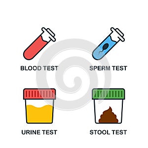 Stool, Urine, Sperm, Blood Test Set Flat Icon. Medical Exam of Blood, Feces, Semen, Urine Icon. Sample for Laboratory