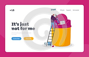 Stop Addiction Landing Page Template. Male Character Fight with Bad Habits, Tiny Man Throw Out Huge Syringe with Drug