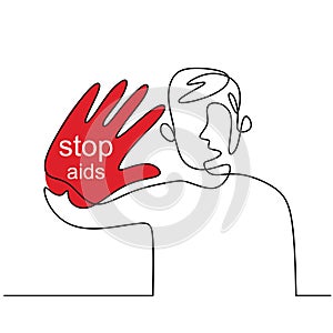 Stop Aids continuous one line drawing. A young man standing with hand gesture to show stop HIV Aids and red ribbon isolated on