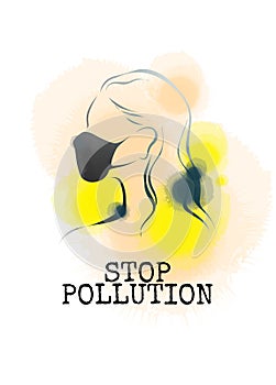 Stop air pollution concept. Women with facemask is trying to defend herself from fine dust, air pollution, industrial smog,