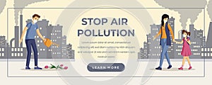 Stop air pollution web banner template. Environment protection, preventing carbon dioxide emission, urban industrial