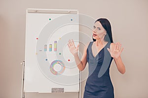 Stop! Angry businesswoman gesturing while making presentation near whiteboard photo