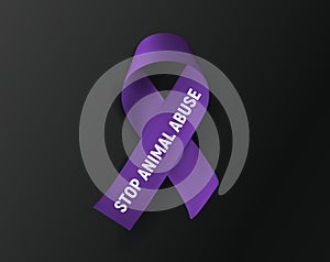 Stop Animal Abuse purple ribbon animal cruelty awareness symbol vector illystration on black background.