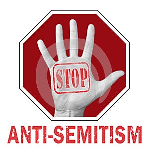 Stop anti-Semitism conceptual illustration. Open hand with the text stop anti-Semitism photo