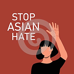 Stop Asian Hate. Antiracism banner to support Asian community. Stop AAPI hate campaign. Poster with black hair woman photo