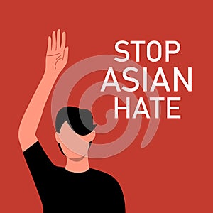 Stop Asian Hate. Antiracism banner to support Asian community. Stop AAPI hate campaign. Poster with Asian man with photo