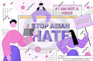 stop asian hate people holding banners against racism support during coronavirus pandemic