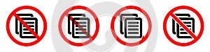 Stop or ban red round sign with document icon. File is prohibited