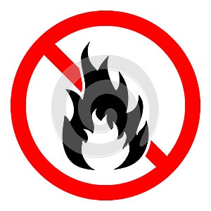 Stop bonfire icon. No fire icon. Red ban of flame sign. Vector illustration