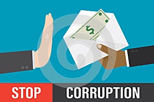 Stop bribery and corruption, concept. Hand gives envelope with banknotes, other man denies bribe