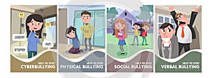 Stop bullying posters set. Bullying types concepts in cartoon style verbal, social, physical, cyberbullying. Bullying at school
