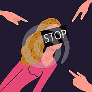 Stop bullying, violence. Frightened girl hides her face under black poster with the words STOP. The hands of the pursuers point to