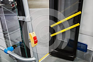 Stop button modern and comfortable interior of the city bus