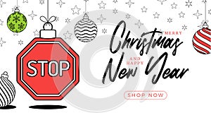 Stop christmas greeting card in trendy line style. Merry Christmas and Happy New Year outline cartoon Sports banner. stop sign as