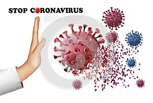 Stop Coranavirus concept background. Hand destroying virus COVID - 19