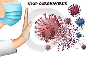Stop Coranavirus concept background. Hand destroying virus COVID - 19.