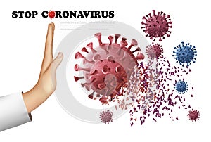 Stop Coranavirus concept background. Hand destroying virus COVID - 19 photo