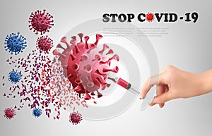 Stop Coranavirus concept background. Hand destroying virus COVID - 19. photo