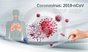 Stop Coranavirus concept. Hand holding syringe with vaccine destroying virus COVID