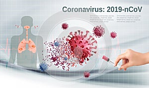 Stop Coranavirus concept. Hand holding syringe with vaccine destroying virus COVID photo