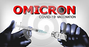 Stop Coranavirus concept Omicron Covid-19 vaccine background. Hands holding bottle with vaccine