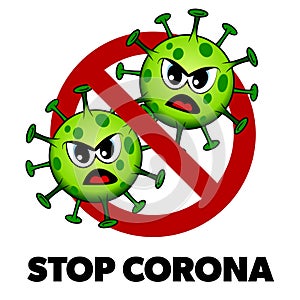 Stop Corona cartoon style sign, angry Covid-19