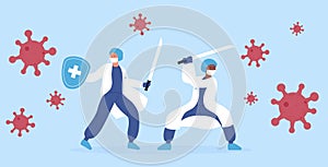 Stop corona virus 2019-nCoV vector illustration concept. Doctors medical health care professionals ninja team fighting
