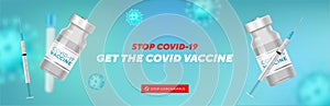 Stop Coronavirus banner with blank space for your creativity. Covid-19 rapid test, vaccine,syringe, 3d virus cells on