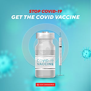 Stop Coronavirus banner with blank space for your creativity. Covid-19 vaccine, syringe, 3d virus cells on blue
